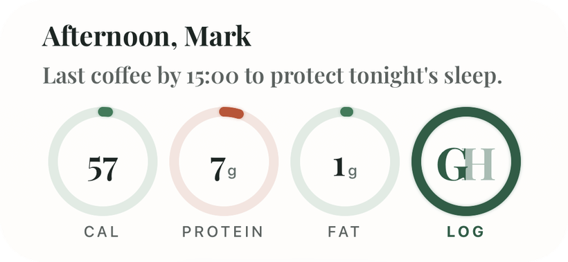 Ginger home-screen widget showing today's calories, protein and fat, with a tap-to-log button.
